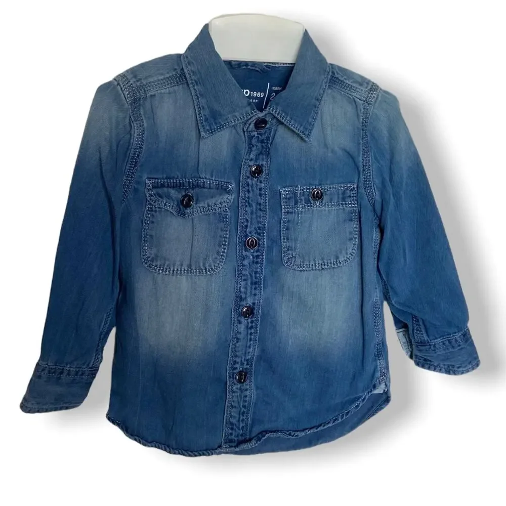 Gap Boys Shirt‎ Size 2 Blue Chambray Worker Mineral Dark Wash Indigo So Soft